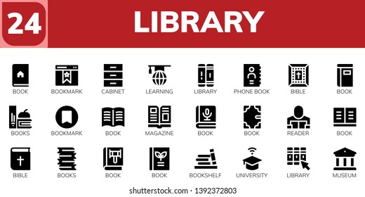 library icon set. 24 filled library icons.  Simple modern icons about  - Book, Bookmark, Cabinet, Learning, Library, Phone book, Bible, Books, Magazine, Reader, Bookshelf, University