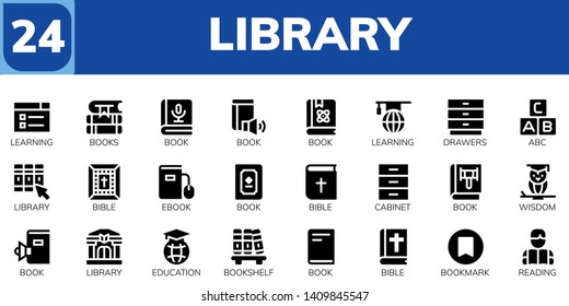 library icon set. 24 filled library icons.  Simple modern icons about  - Learning, Books, Book, Drawers, Abc, Library, Bible, Ebook, Cabinet, Wisdom, Education, Bookshelf, Bookmark