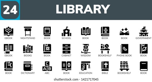 library icon set. 24 filled library icons.  Simple modern icons about  - Ebook, Nightstand, Book, School, Government, Books, Cabinet, Wisdom, Bookshelf, Phone book, Dictionary