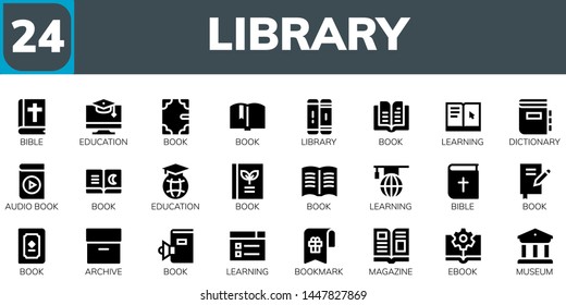 library icon set. 24 filled library icons.  Collection Of - Bible, Education, Book, Library, Learning, Dictionary, Audio book, Archive, Bookmark, Magazine, Ebook, Museum