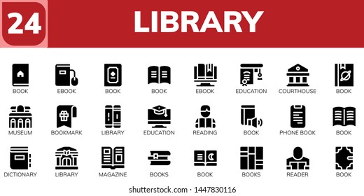 library icon set. 24 filled library icons.  Simple modern icons about  - Book, Ebook, Education, Courthouse, Museum, Bookmark, Library, Reading, Phone book, Dictionary, Magazine