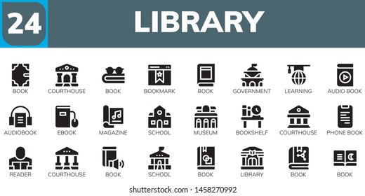 library icon set. 24 filled library icons.  Collection Of - Book, Courthouse, Bookmark, Government, Learning, Audio book, Audiobook, Ebook, Magazine, School, Museum, Bookshelf