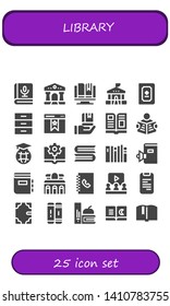 library icon set. 25 filled library icons.  Simple modern icons about  - Book, Courthouse, Ebook, School, Cabinet, Bookmark, Education, Magazine, Read, Books, Dictionary, Museum