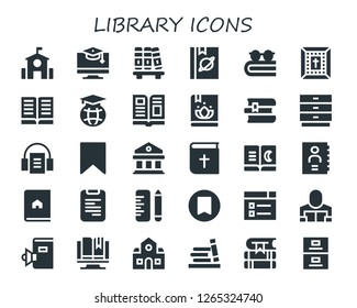  library icon set. 30 filled library icons. Simple modern icons about  - School, Education, Bookshelf, Book, Bible, Magazine, Books, Drawers, Audiobook, Bookmark, Courthouse, Phone book