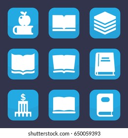 Library icon. set of 9 filled library icons such as book, bank, apple on book