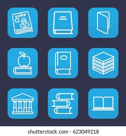 Library icon. set of 9 outline library icons such as court, book, magazine, apple on book