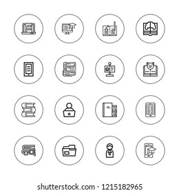 Library icon set. collection of 16 outline library icons with archive, book, books, ebook, judge, ereader, magazine, learning, museum icons.
