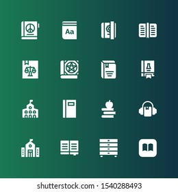 library icon set. Collection of 16 filled library icons included Ibooks, Drawers, Book, University, Audiobook, Books, College, Science book, Diary, Dictionary