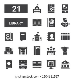 library icon set. Collection of 21 filled library icons included Museum, Ebook, Book, Cabinet, Education, University, Library, Literature, Books, Phone book, Magazine, Reading