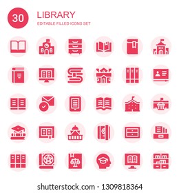 library icon set. Collection of 30 filled library icons included Book, School, Cabinet, Ebook, Books, Read, Education, Government, Diary, Drawers, University, Tutorial, Museum