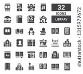 library icon set. Collection of 32 filled library icons included Ebook, Book, Nightstand, School, Bookmark, University, Library, Dictionary, Read, Museum, Archive, Phone book