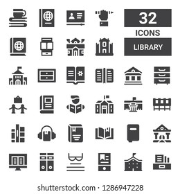 library icon set. Collection of 32 filled library icons included Literature, School, Ebook, Read, Archives, College, Books, Book, Audiobook, Cabinet, Museum, Reading, Drawers