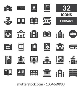 library icon set. Collection of 32 filled library icons included Drawers, School, Museum, Cabinet, Tutorial, Book, University, Government, Ebook, Books, Education, Bible, Ereader