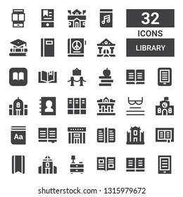 library icon set. Collection of 32 filled library icons included Ebook, Book, Nightstand, School, Bookmark, University, Library, Dictionary, Read, Museum, Archive, Phone book