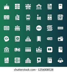 library icon set. Collection of 36 filled library icons included Audiobook, Book, School, Ibooks, Books, Museum, Archive, Bookmark, Education, Book shelf, Abc, Cabinet, University