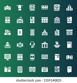 library icon set. Collection of 36 filled library icons included Books, Bookcase, Book, Ebook, Ereader, Reading, University, Audio guide, Museum, Government, Library, College