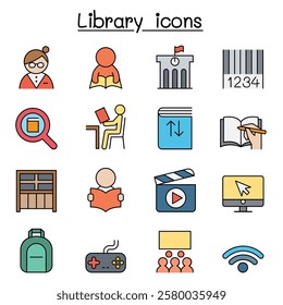 Library icon set in color line style