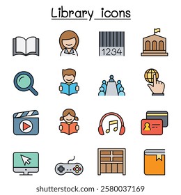Library icon set in color line style