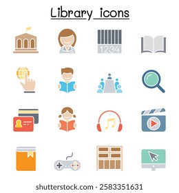 Library icon set  in flat color style