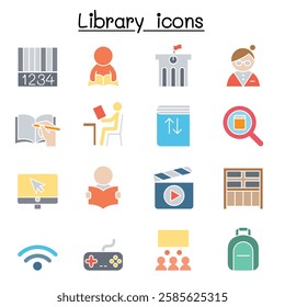 Library icon set  in flat color style