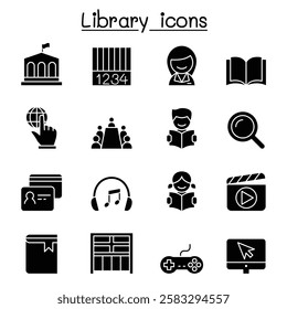 Library icon set in glyph style