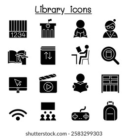 Library icon set in glyph style