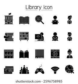Library icon set in glyph style