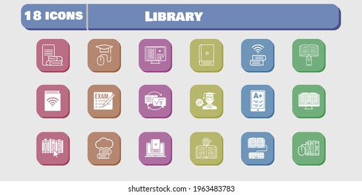 library icon set. included audiobook, learn, homework, student, book, learning, cloud library, exam, ereader, ebook, books icons on white background. linear, filled styles.