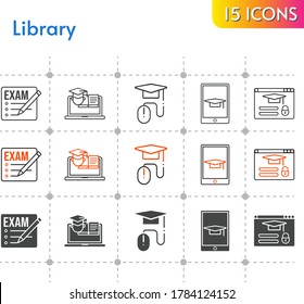 library icon set. included exam, e-learning, student, tablet, training, login icons on white background. linear, bicolor, filled styles.