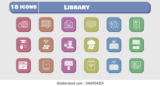 library icon set. included exam, cloud library, audiobook, ereader, ebook, books, homework, learn, student, book, elearning icons on white background. linear, filled styles.