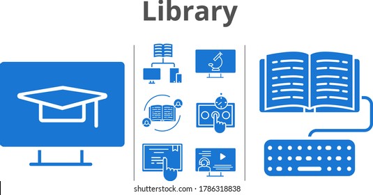 library icon set. included feedback, test, instructor, school, homework, touchscreen, microscope icons. filled styles.
