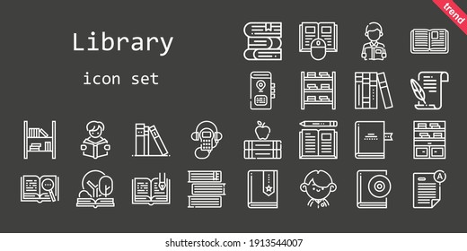 conjunto de iconos de biblioteca. estilo de icono de línea. iconos relacionados con la biblioteca como examen, literatura, audiolibro, guía de audio, libros, biblioteca, libro abierto, estantería, estudiante, libro, lectura