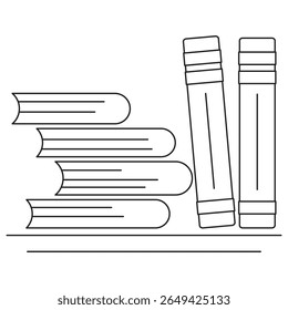 Library Icon. Vector pictogram with thin black lines on transparent background. Line thickness is editable. The image shows a stack of books and two vertical books standing on a shelf