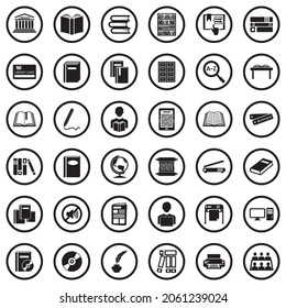Library Icons. Black Flat Design In Circle. Vector Illustration.