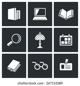 Library icons: book shelf, notebook, book search magnifier lamp old calendar book blind badge. Vector Illustration