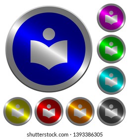 Library icons on round luminous coin-like color steel buttons