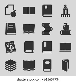 Library icons set. set of 16 library filled icons such as book, paper and apple, magazine, bank, apple on book