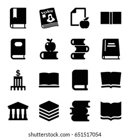 Library icons set. set of 16 library filled icons such as court, book, paper and apple, magazine, bank, apple on book