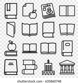 Library icons set. set of 16 library outline icons such as court, book, paper and apple, magazine, apple on book