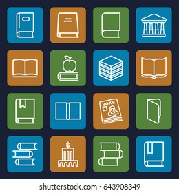 Library icons set. set of 16 library outline icons such as court, book, magazine, apple on book, bank