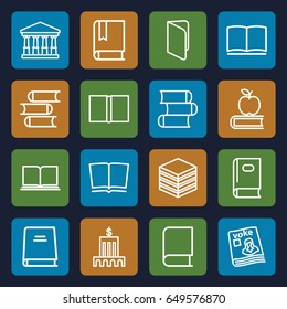 Library icons set. set of 16 library outline icons such as court, book, magazine, apple on book, bank