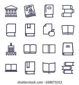 Library icons set. set of 16 library outline icons such as court, book, paper and apple, magazine