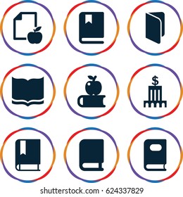 Library icons set. set of 9 library filled icons such as book, paper and apple, bank