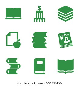 Library icons set. set of 9 library filled icons such as book, paper and apple, magazine, bank