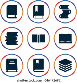 Library icons set. set of 9 library filled icons such as book