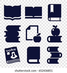 Library icons set. set of 9 library filled icons such as book, paper and apple, magazine