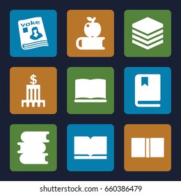Library icons set. set of 9 library filled icons such as book, magazine, bank, apple on book