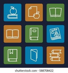 library icons set. Set of 9 library outline icons such as book, paper and apple, magazine