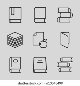 Library icons set. set of 9 library outline icons such as book, paper and apple