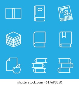 Library icons set. set of 9 library outline icons such as book, paper and apple, magazine